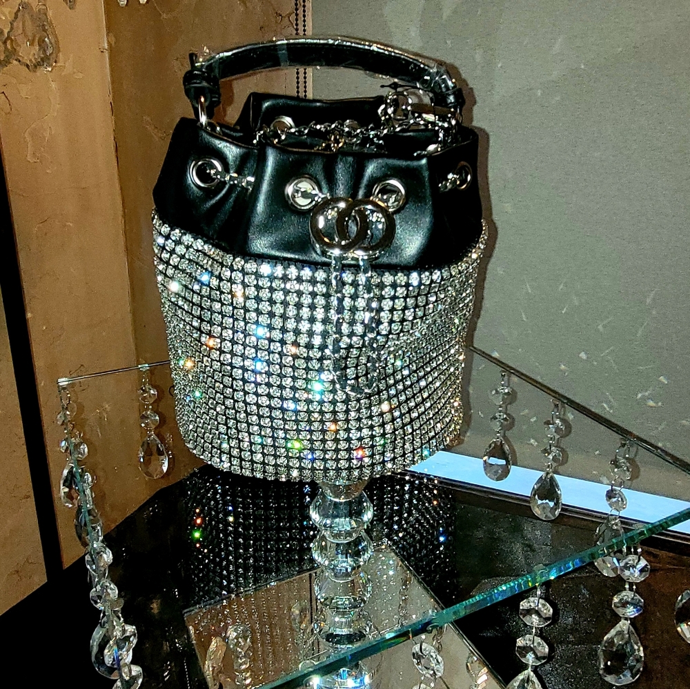 Dazzling White Crystal Silver-Tone Black Drawstring Bucket Bag Clutch Purse.